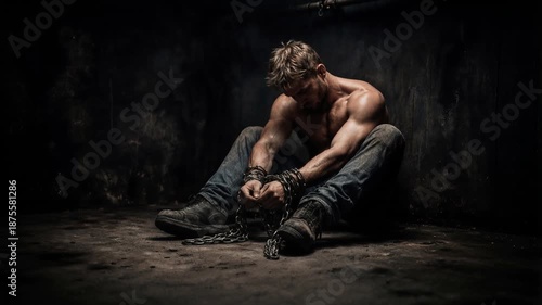 Young adult man sitting on concrete floor with wrists bound by heavy metal chains. Captive person in dark gritty basement or dungeon environment. Lockdown medium shot.