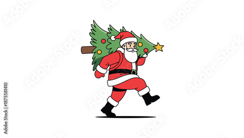 Joyful Santa Claus walking quickly while carrying a decorated Christmas tree on his shoulder for holiday celebration delivery.