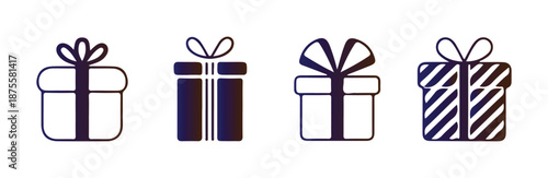 Set of gift box icons with various ribbon styles for holiday celebrations and special occasions