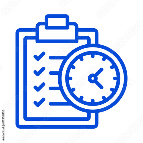 Blue neon clipboard with checklist and clock isolated on transparent background