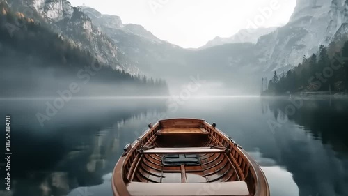 Wooden boat floats peacefully on calm water with mountain backdrop