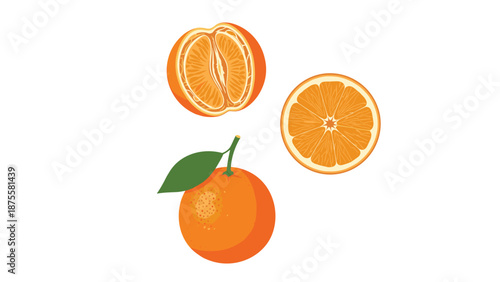 Fresh whole orange with a green leaf and sliced orange halves showing juicy texture isolated on a plain white background.