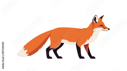 Beautiful wild red fox standing in profile showing its bushy white-tipped tail and pointed ears against a white background.