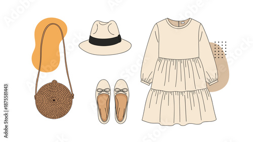 Stylish summer outfit flat lay featuring a beige dress, a woven bag, ballet flat shoes, and a classic fedora hat for travel.