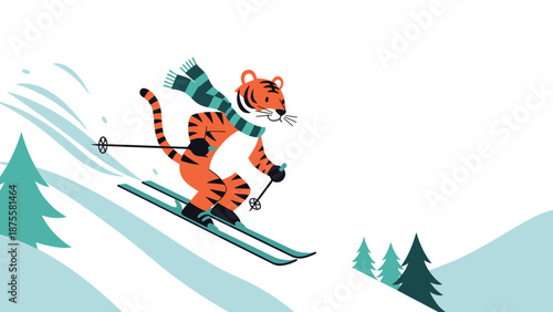 Cute cartoon tiger wearing a striped scarf while skiing down a snowy mountain slope during a fun winter sport activity.