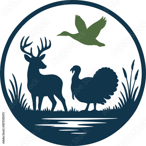 Illustration of a blue and green deer turkey waterfowl	