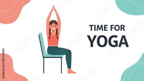 Smiling young woman with braids practicing a gentle chair yoga pose with her arms raised for stress relief and health at work.