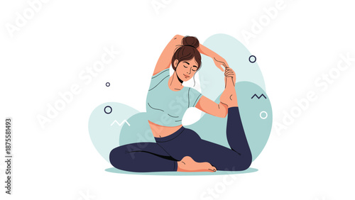 Graceful young woman performing a complex yoga stretching pose on the floor to improve her physical flexibility and inner peace.