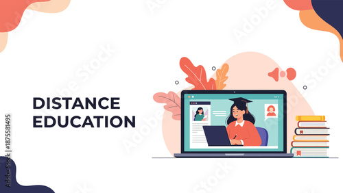 Online learning concept featuring a student on a laptop screen during a virtual graduation ceremony for distance education.