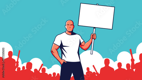 Determined male protester holding up a blank white picket sign in front of a crowd during a public demonstration or social rally.
