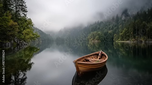 Wooden boat floats on calm water near misty mountains