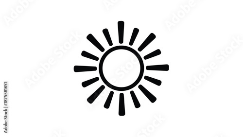 Simple black sun icon with long rays representing solar energy, summer weather, and warmth isolated on a white background for apps.