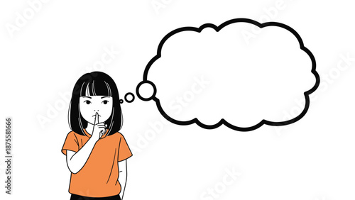 Young girl with black hair holding a finger to her lips while thinking deeply with a large blank thought bubble above her head.