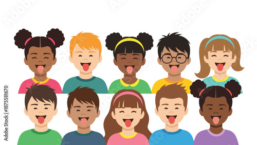 Group of diverse happy children sticking their tongues out in a playful gesture of silliness and fun against a white background.