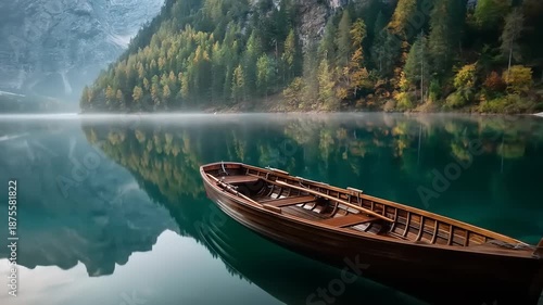 Wooden boat floats serene on a tranquil lake reflecting mountains and trees