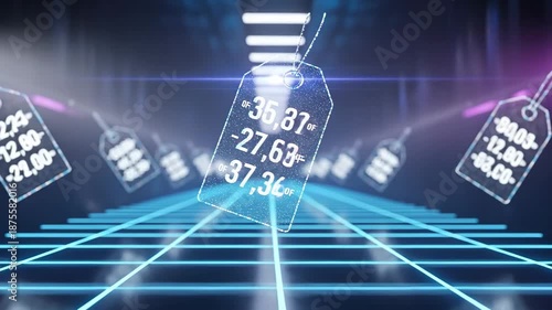 Futuristic digital corridor with virtual price tags and glowing elements, symbolizing e-commerce and modern technology.