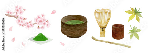 抹茶と桜,紅葉 Watercolor Matcha Tea Ceremony Set with Cherry Blossoms, Traditional Japanese Tea Illustration High quality-300dpi-