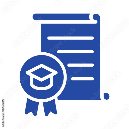 Blue icon of a certificate with a graduation cap isolated on transparent background