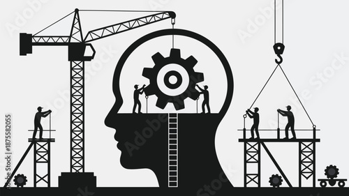 Workers building a gear inside a human head with cranes and scaffolding