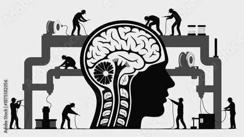 Workers repairing and maintaining a giant brain with industrial tools and pipes