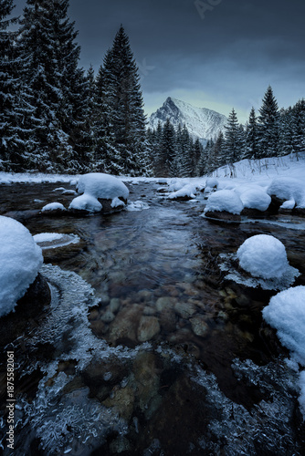 Blue hour on Bela River, High Tatras, Slovakia. Mount Krivan in the background.
