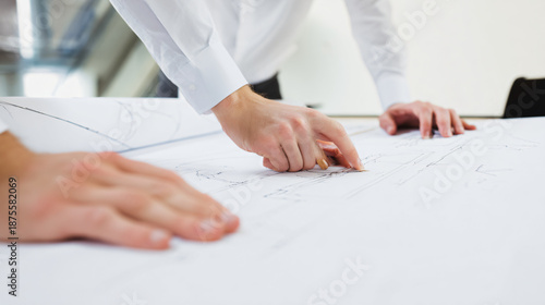 Two people reviewing and pointing at architectural blueprints on a table.