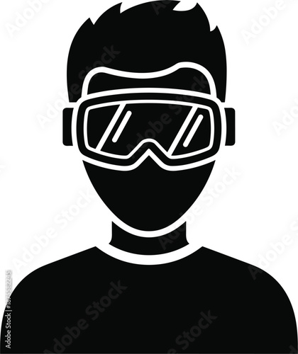Black and white silhouette icon of a man wearing virtual reality headset or protective safety goggles for technology concepts.
