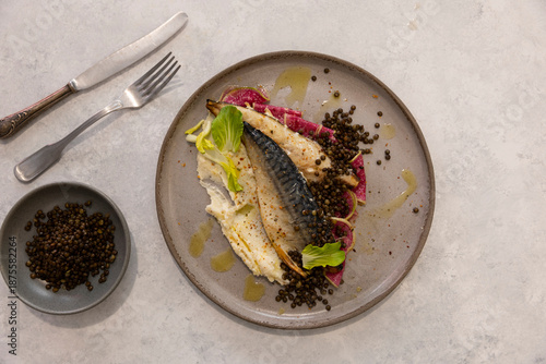 fish served with vegetables and mung beans.