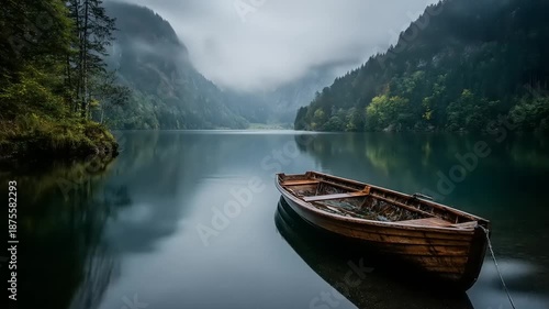 Wooden boat on tranquil lake amidst misty mountains and lush green forests