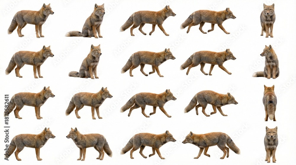 Obraz premium Group of foxes walking and sitting on a white background 