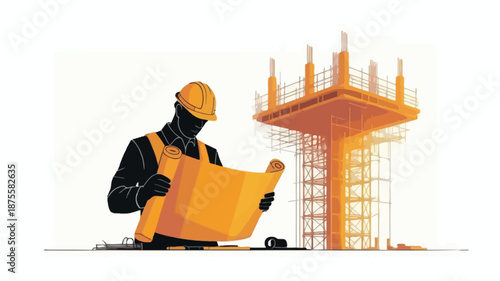 Construction worker reviewing building plans on a construction site with scaffolding