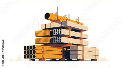 Construction materials stacked in industrial setting