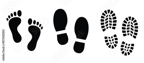 Shoe and bare foot print set featuring vector illustrations of barefoot and shoe footprints, suitable for tracking, fitness, forensic, educational, and creative design projects.