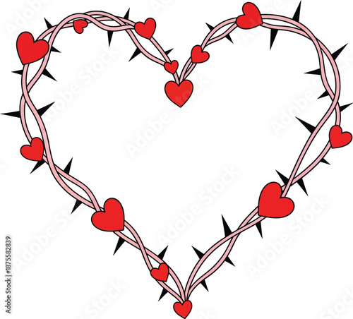 Heart-shaped barbed wire with hearts isolated on transparent background
