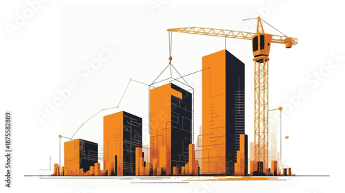 Modern cityscape under construction with cranes and skyscrapers