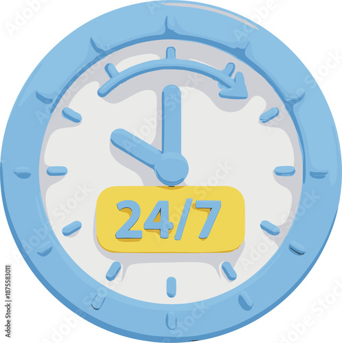 Blue 3D clock icon with twenty four seven text representing around the clock customer support and constant service availability.