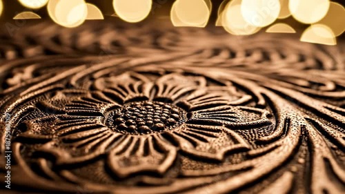 Intricate floral patterns carved in wood, showcasing craftsmanship and cultural heritage, with warm bokeh lights in the background.