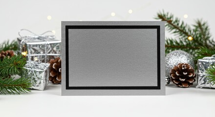 A gray rectangle with a black border sits on a white surface surrounded by Christmas decorations