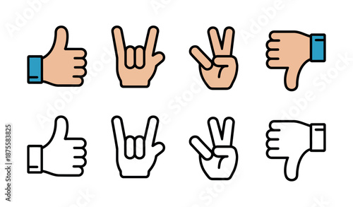 Hand Gesture icons featuring thumbs up dislike love and peace sign flat outlines