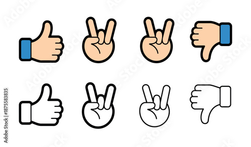 Hand gesture thumbs up dislike love peace outline icon