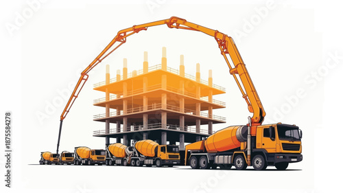 Construction site with concrete pump trucks and mixer trucks at work