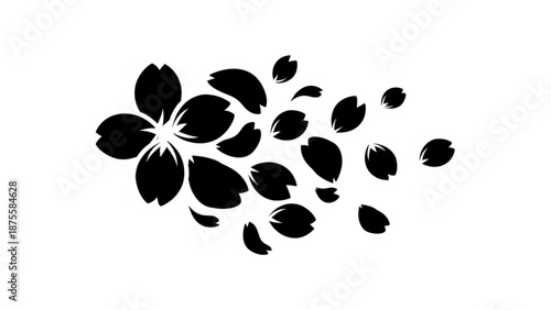 A minimalist black flower icon with petals blowing away on a white background