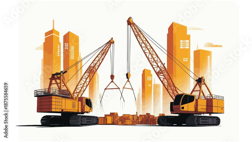Modern cranes working on urban construction site with city skyline