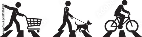 Three different daily activities with people and a dog isolated on transparent background