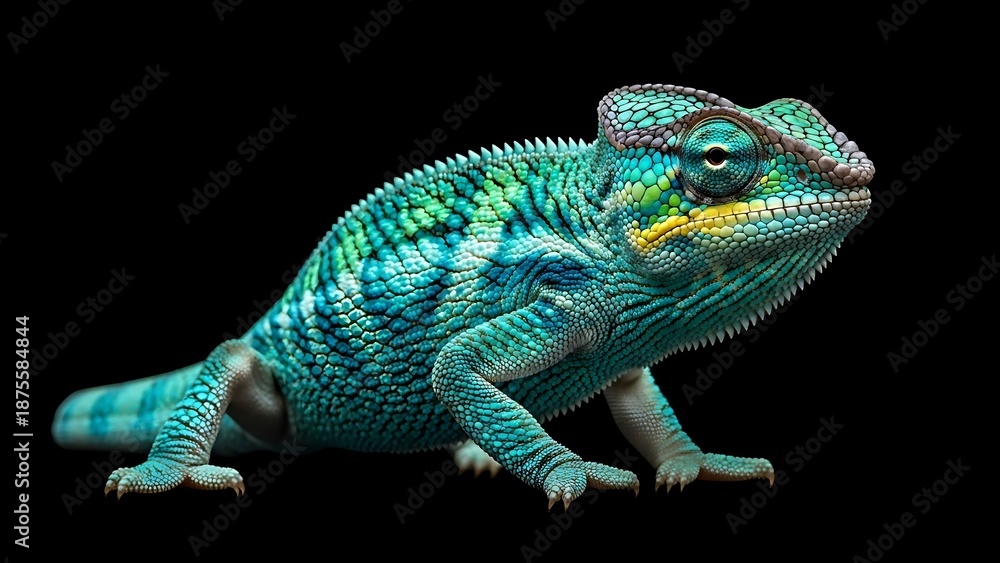 Fototapeta premium Vibrant Green Chameleon on Black Background.