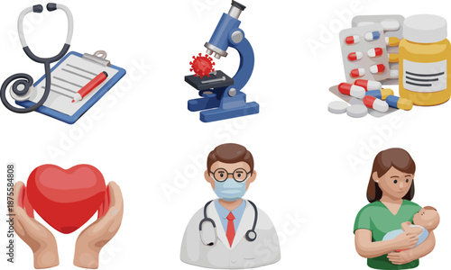 Comprehensive medical icon set featuring a stethoscope clipboard microscope medicine pills heart care doctor and nurse.