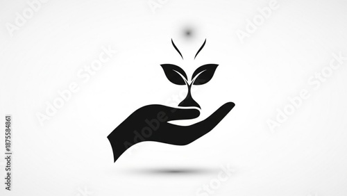 A minimalist vector graphic of a hand nurturing a small plant with leaves and sunlight