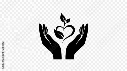 A minimalist vector graphic of hands cradling a heart-shaped plant sprout with leaves on a transparent background