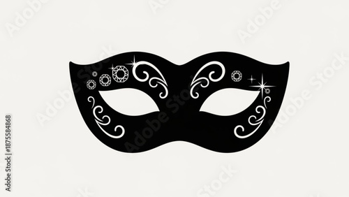 A black masquerade mask with white floral designs and stars on a plain background