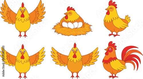 Cute cartoon chicken characters set featuring a rooster hen with eggs in a nest and flapping wings
